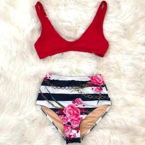 Two-piece nautical & floral bold striped high waisted bikini